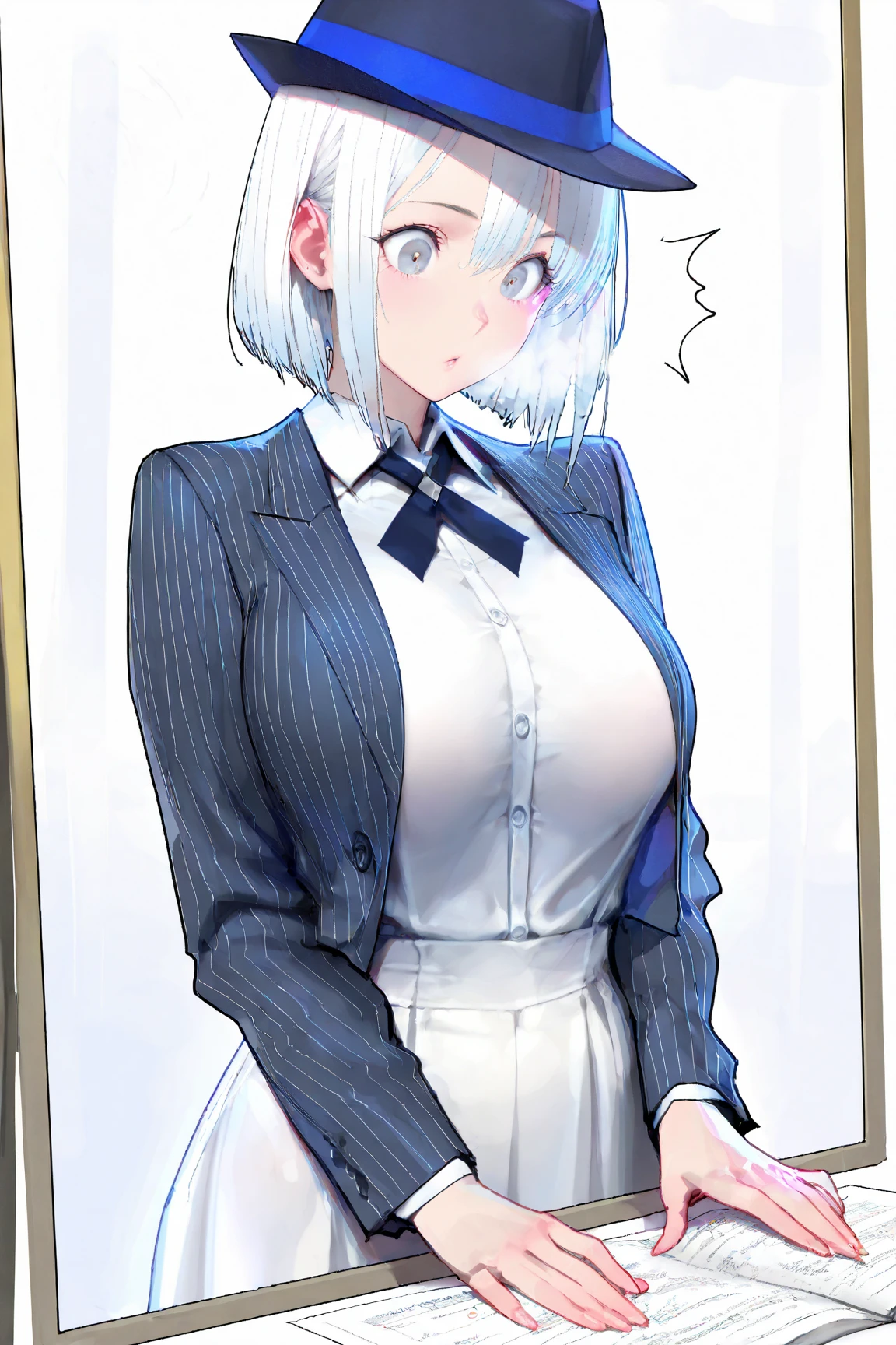 ((masterpiece)), ((best quality)), (ultra-detailed), ((extremely detailed)), 4K, (8K), best quality, (beautiful), ((beautiful eyes)), dynamic angle, ((((gigantic breasts)))), ((school uniform)), ((black blazer)), in health room, short hair, silver hair, ((arms behind back))