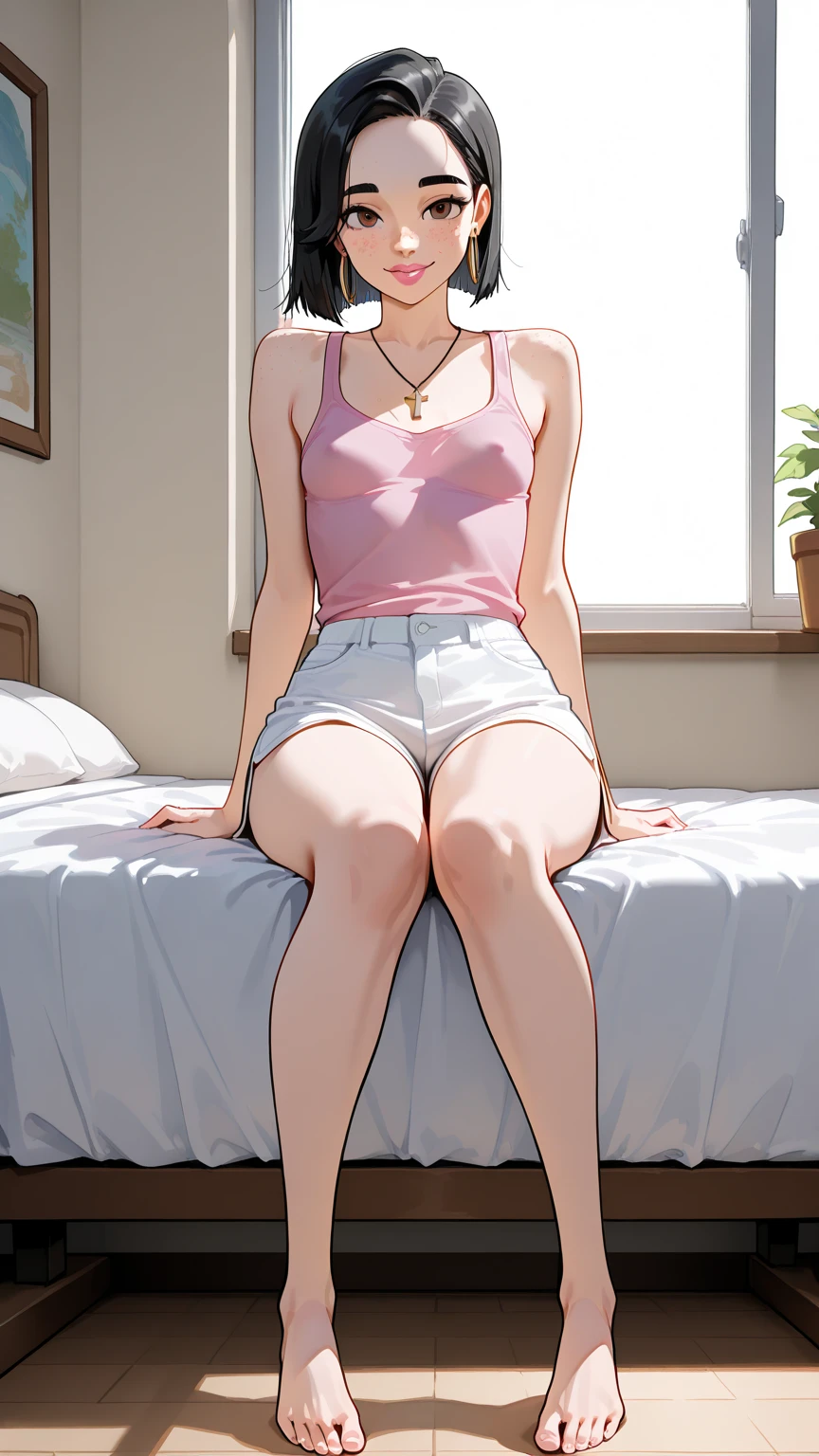 Slender woman, white and transparent skin, blushing shyly,Nails on every finger, A white tank top that reveals her breasts,tight thong, Nails on all fingers on bare feet, , short hair, Brown eyes,On the bed by the window with sunlight filtering through the trees,