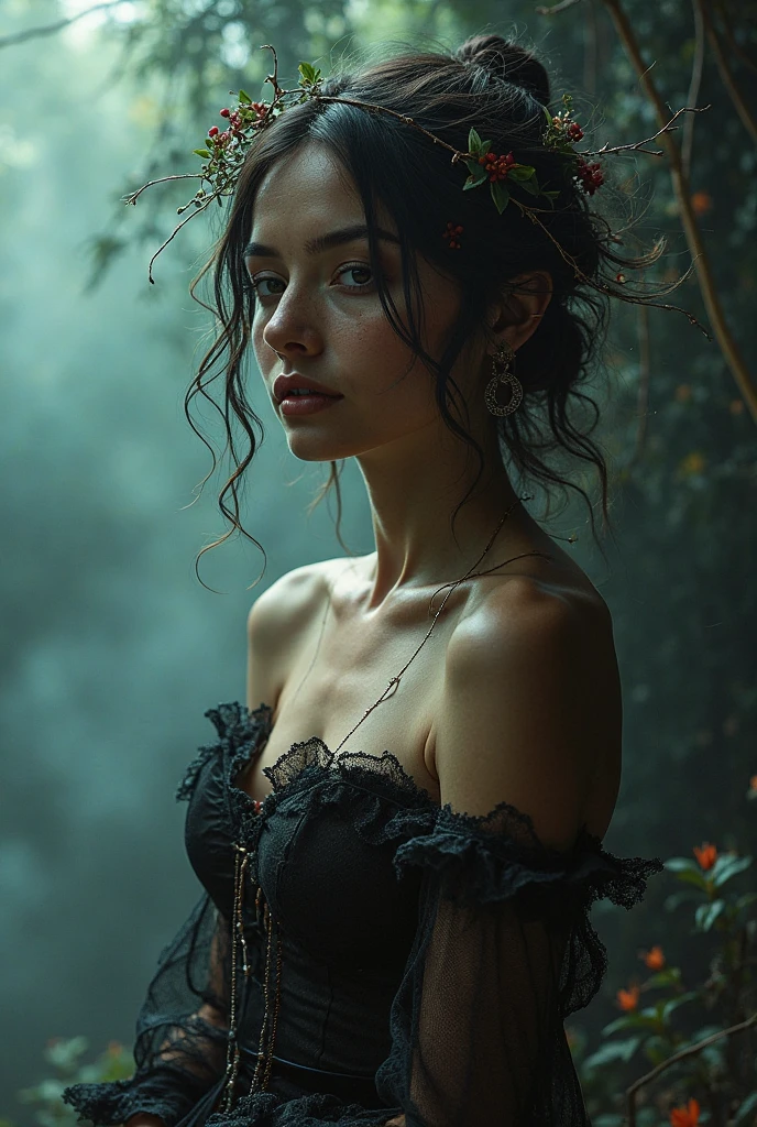 Make a dreamy mysterious horror style image symbolizing the embracement of nature, symbols, woman with lingerie