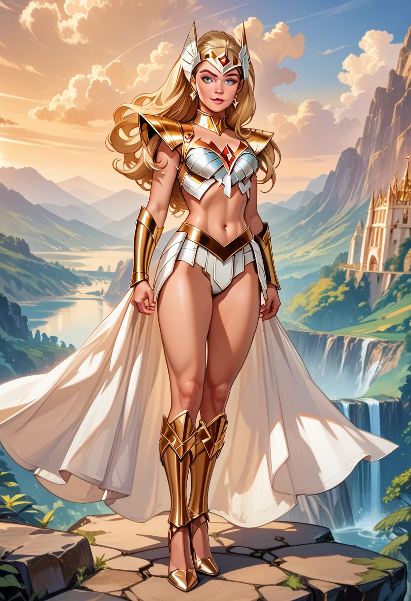 SHE-RA (( COMICS )), BLONDE BOMBSHELL, ATHLETIC BODY, MUSCLES, WHITE BODYSUIT, GOLD DETAILS, SWORD, ON ETHERIA, NIGHTSKY, PLANET, DESERT, MOUNTAINS, HIGH QUALITY IMAGE, MASTER PIECE, SUN