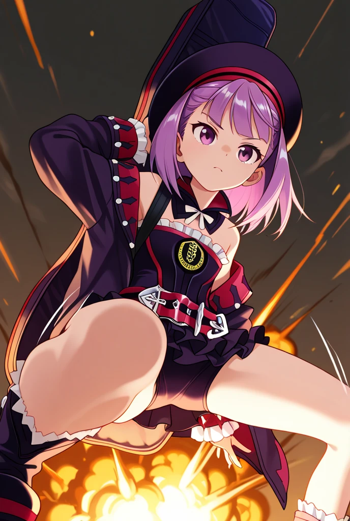 Best Quality, masutepiece,Standing, Ultra-high resolution face,hight resolution, Solo, Helena_Blavatsky_nffsw:1.15, Purple eyes,purple color hair,loli body,flat chest,Stomach out,Exposed thighs,Shoulder out,Raw feet,Narrow Belt Bandeutope,String Breadbottom,