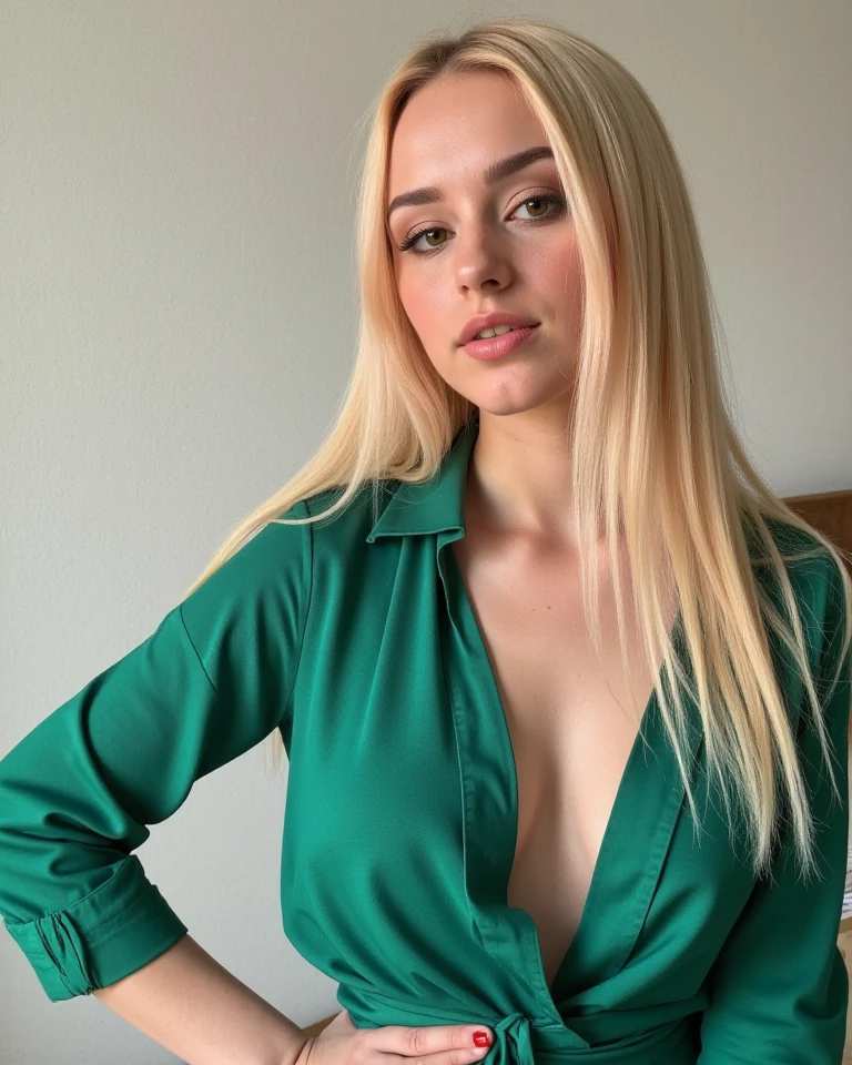 Photo for Instagram profile, super realistic, green eyes, long hair, blonde woman, large and pronounced bust, with school clothes, you can see his buttock,  Great cleavage, whole body, on the balcony of an apartment 