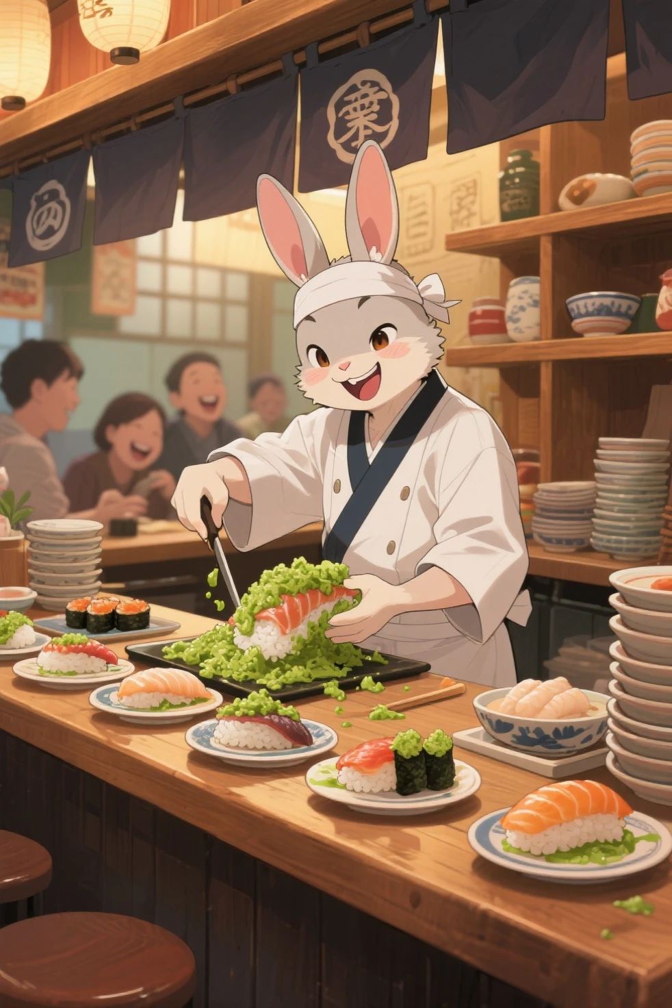 anime-style illustration of a mischievous sushi chef preparing nigiri sushi behind a traditional wooden counter, the chef is a smug anthropomorphic  wearing a white sushi uniform and headband

the  is grinning mischievously as it stuffs an absurdly large amount of wasabi onto the rice under the fish, green paste spilling out exaggeratedly

several plates of sushi with obviously suspicious amounts of wasabi are arranged neatly in front of unaware customers, who are visible in the blurry background laughing or chatting

the setting is a cozy, warmly lit Japanese sushi bar with wooden shelves, hanging noren curtains, and stacks of ceramic dishes, soft shadows and warm tones, humorous and expressive atmosphere, anime illustration style, ultra detailed, trending on ArtStation, best quality