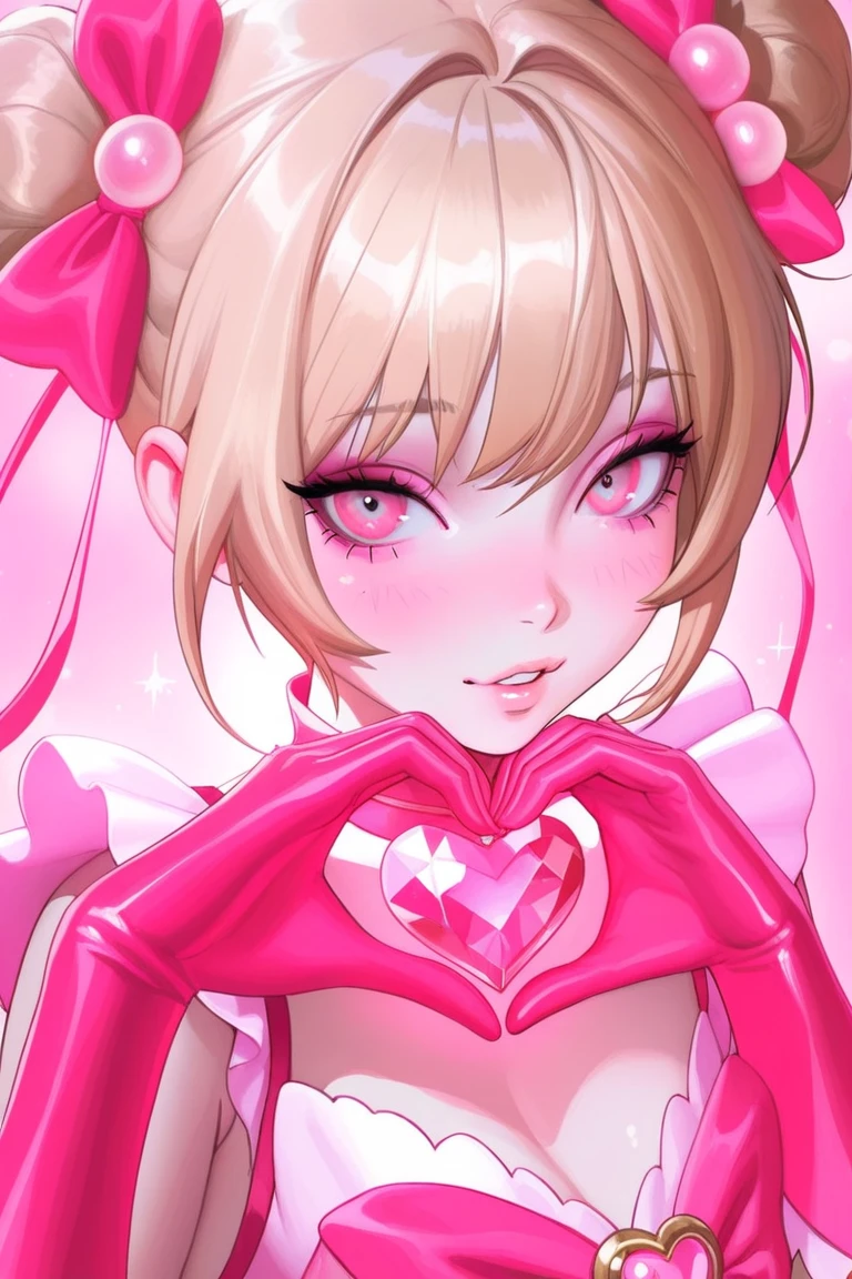masterpiece, best quality, 1girl,blonde hair,Sui, (finely detailed heart shaped pupils and detailed face),,cowbody shot,lovestruck,extremely detailed picture unity 8k wallpaper,solo,(latex maid costume:0.9),glamour body,seductive smile
