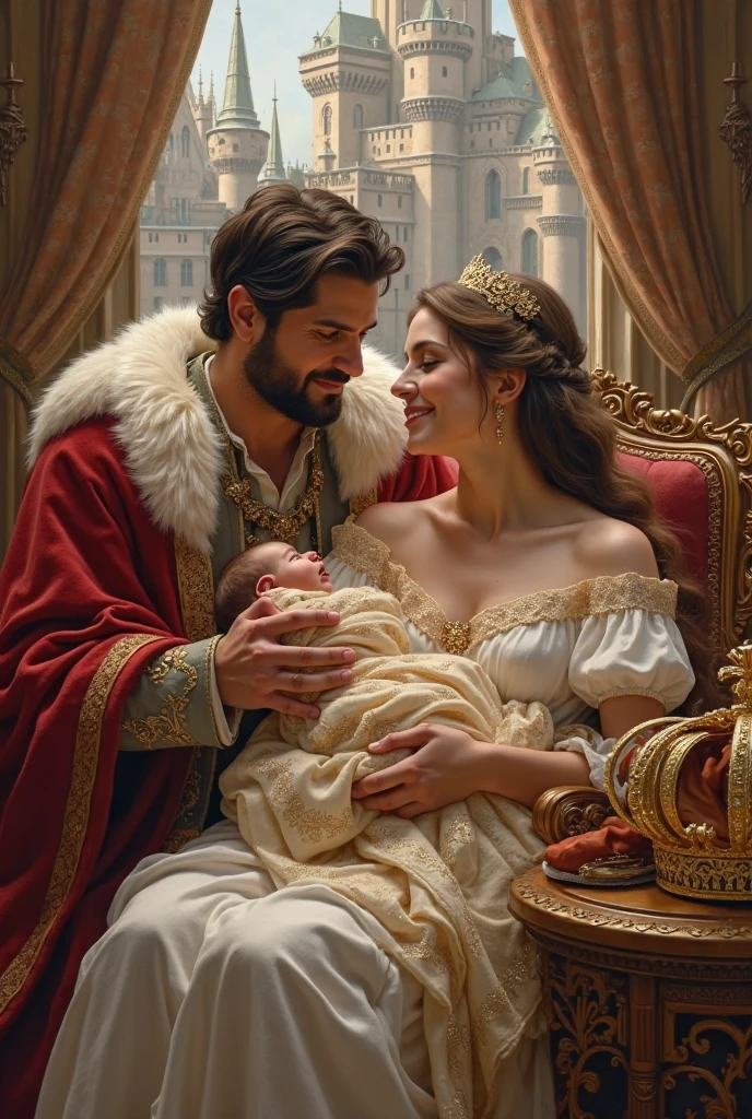 the king and queen holding a baby girl