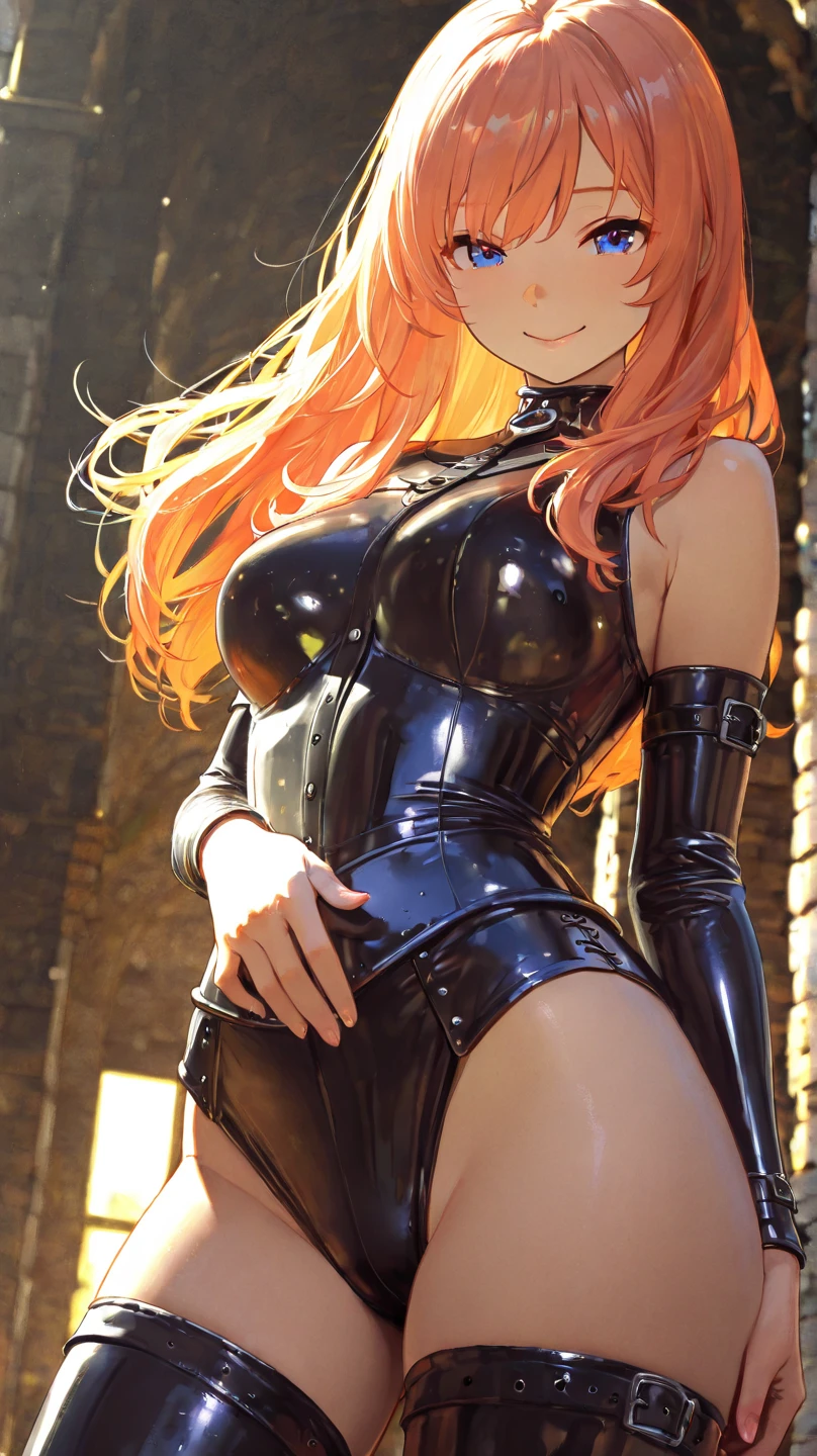 (masterpiece, best quality) 1.5, 1girl, solo, (sexy, beautiful woman, perfect face, perfect eyes) 1.5, (sarah fortuna, miss fortune, black leather pants, knee high boots, black corset, ), (walking down the street, full body)1.5, (orange hair, blue eyes), (extra large breasts:1.5), (perfect female body:1.5), seductive smile, perfect lighting, soft, hdr, 8k resolution --auto --s2
