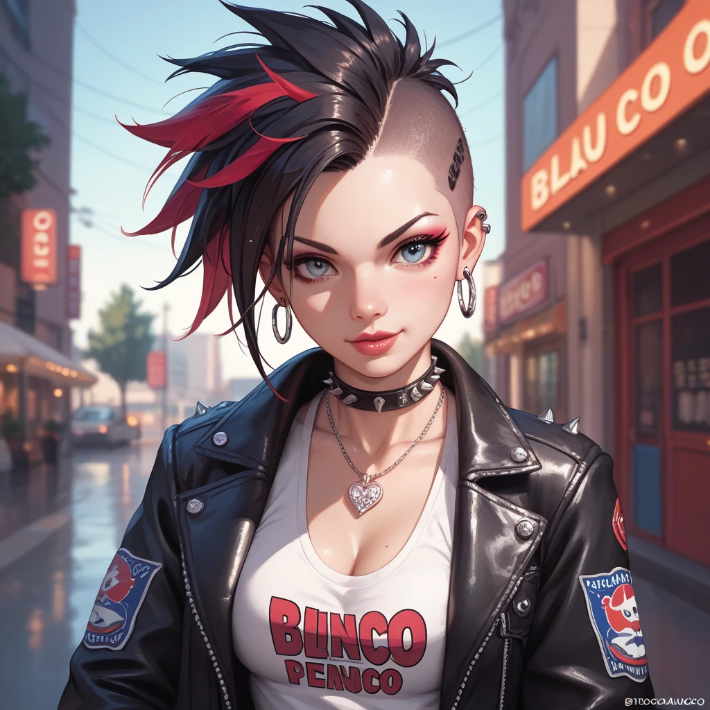 (work of art, best qualityer:1.2), 1 girl , ((lateral view)) , cinematic, comic style, intrincately detailed, "Punk Girl", in dynamic sensual pose, sexly, Panas, ((spiky mohawk hair, Black punk hair, brave face, wearing a black jacket, chains, Rocket style, tattooed girl , Panas body, abdomen, bikini boobs) . (((realisic skin, skin textures, shining skin, detailedeyes, realisticeyes))), Shallow depth of field, vignette, highy detailed, high budget, bokeh, cinemascope, temperamental, epic, marvelous, film grain, grainy. ((Abandoned graffiti wall background, junk, cinematic lighting )).