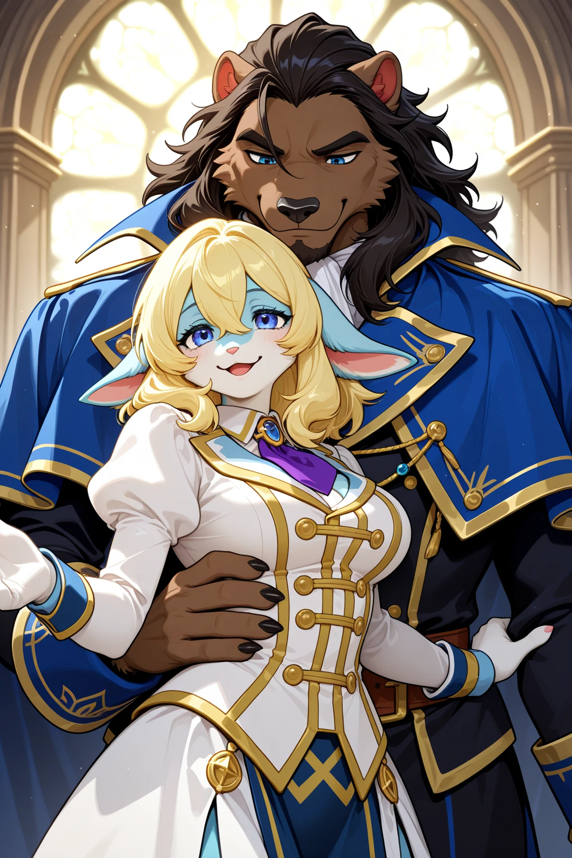 a white bear and a brown
bear hugging, in the style of
digital painting, nightcore,
gigantic scale, cabincore, dark
indigo and beige,