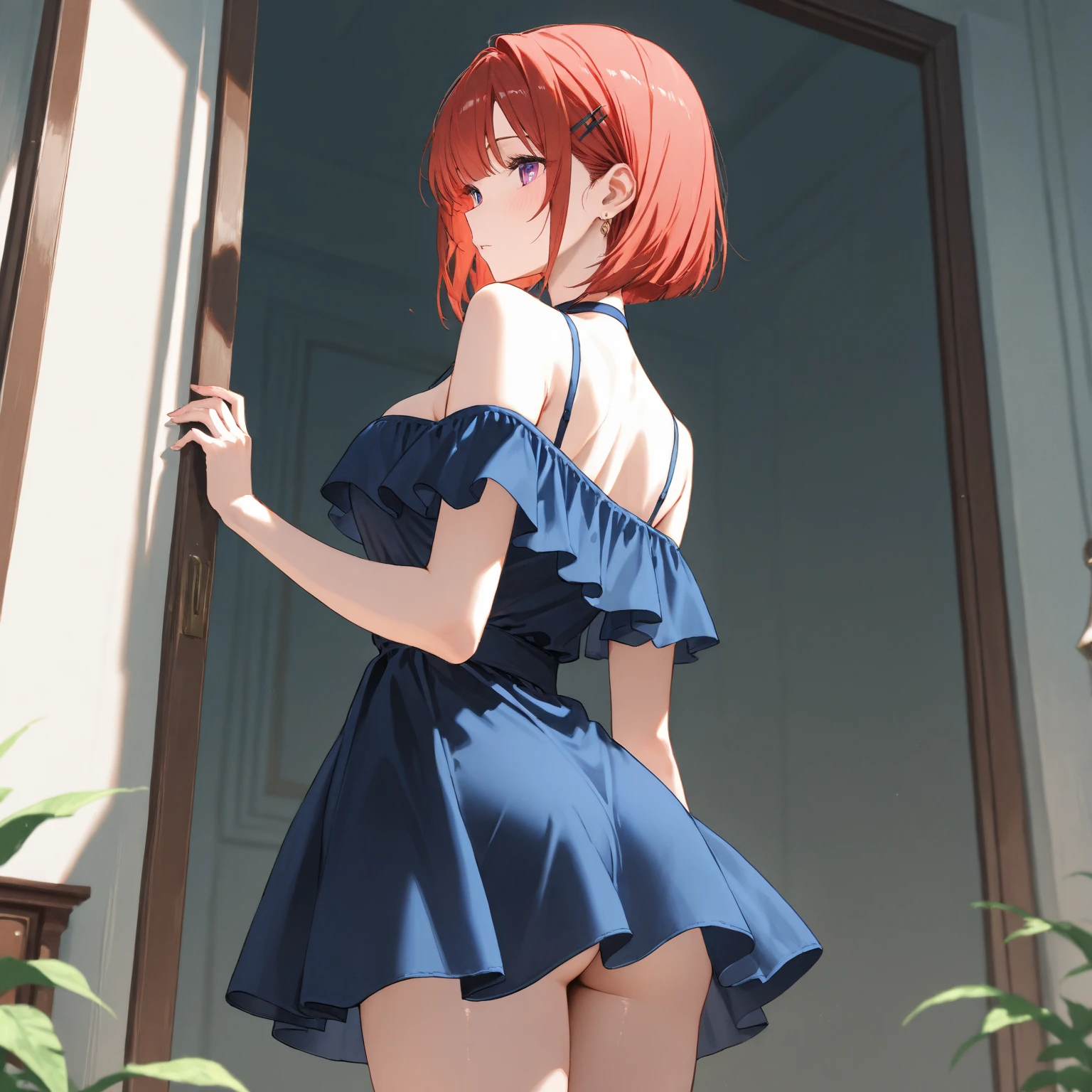 Close-up,highest quality, ultra detail, High quality CG drawing, The most delicate and beautiful, Floating gently, High resolution, (1 girl), (Highest image quality,4K,8K,masterpiece:1.2),(bright red hair:1.5),(short bob:1.5),(red eyes:1.5),(Completely naked:1.5),room,Upper body,(視聴者にbackを向ける:1.3),back,butt,shy look, (put both hands on hips:1.2)
