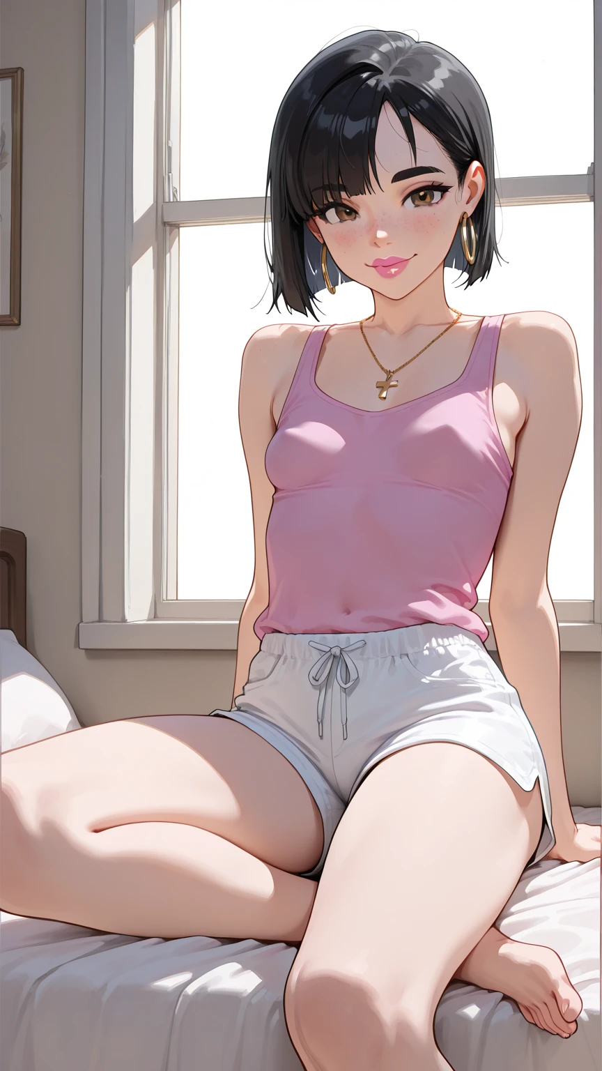 (1girl, solo, alone), (WakatsukiRisa, Sarada Uchiha, black hair, short hair, black eyes, red glasses), ((solo, (1woman, pink lipstick, (small breasts), black eyes), Extremely detailed, ambient soft lighting, 4k, perfect eyes, a perfect face, perfect lighting, a 1girl)), austere, ((fitness, muscular, shapely body, athletic body, toned body)), ((yellow tank top, short tank top, women's tank top, denim shorts, mini denim shorts, long stockings, thigh highs, crochet stockings, wool stockings, in bed, kneeling on the bed, legs open, blushing room, poster, blushing, shy))