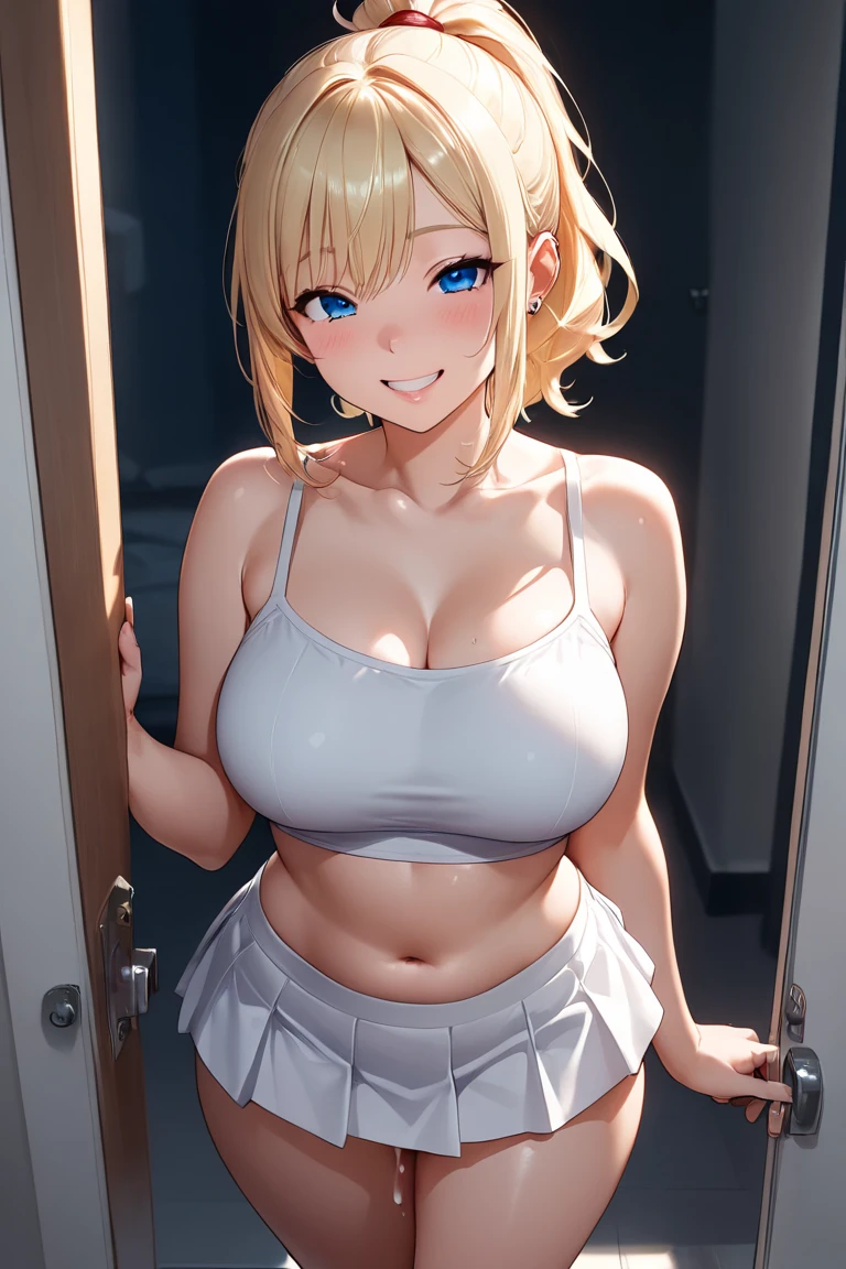 (masterpiece:1.2, best Quality:1.1, 32K HDR, high resolution), (big breasts:1.1, cleavage:1.1, perfect slim body:1.2), (detailed face, detailed eyes, detailed skin texture, perfectly shaped hands, 5 fingers), (delicate and beautiful hands and fingers), ai hayasaka, bangs, blue eyes, blonde hair, hair ornament, hair between eyes, sidelocks, side ponytail, scrunchie, hair scrunchie, blue scrunchie, solo, 1girl in, sexy pose, beach/school/bathroom/karaoke room,mall, 