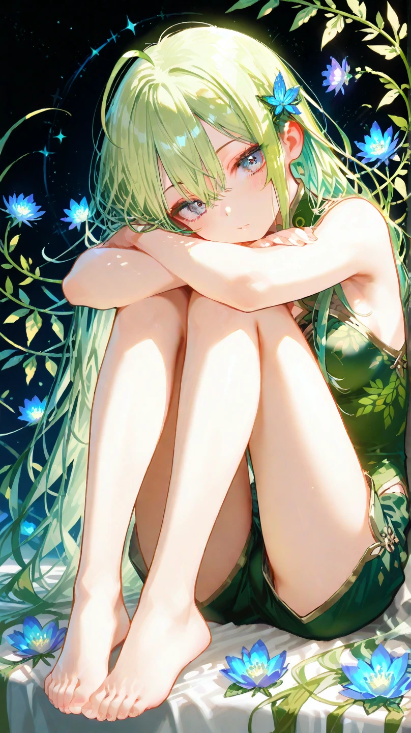 anatomically correct,masterpiece, highest quality, 1 girl, looking at the viewer, blue eyes, closed mouth, (Urgent 1:0.7) ,green hair、(masterpiece),(highest quality:1.0), (ultra high resolution:1.0), Detail view, 8K, anime, masterpiece、provocative look Fair skin very fine eyes、upper thigh、Highest quality detailed eye, ,sunny meadow background、pussy、naked、from bilow