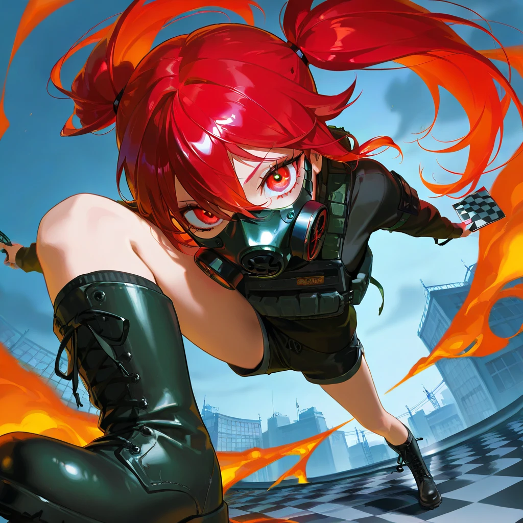 Akali_league_of_legends cyberpunk_outfit red_hair yellow_eyes long_ponytail_of_akali_from_league_of_legends one_sided_fringed_hair eye_right_with_cyberware yellow_jacket cyberpunk holding_a_big_scythe in_tbe_back_sniper big_breast thicc big_ass big_hips escote alto big_legs black_legwear_with_red_touches black_top_with_neckline yellow_jacket two_pieces_of_cloth sexy Front_view