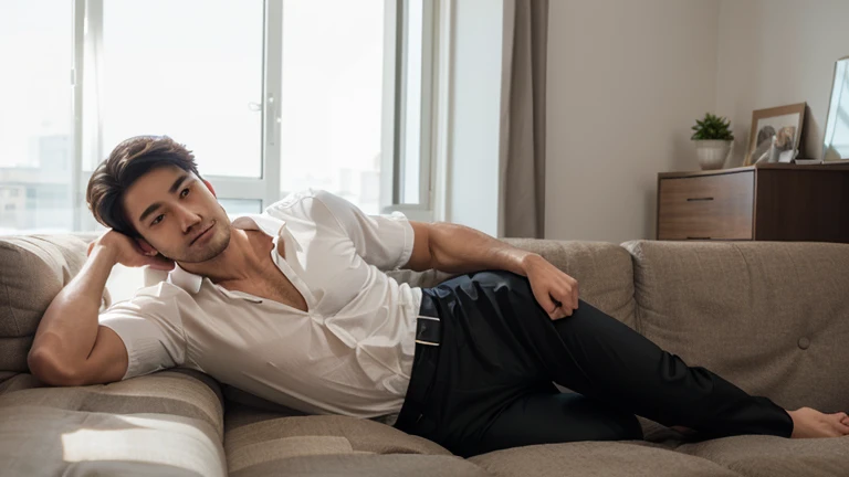 makes image of a white man, aged 35, model type, with short dark hair, with blue eyes, wearing a shirt buttoned up to the neck, posing sideways, wearing black boxers, lying on a sofa