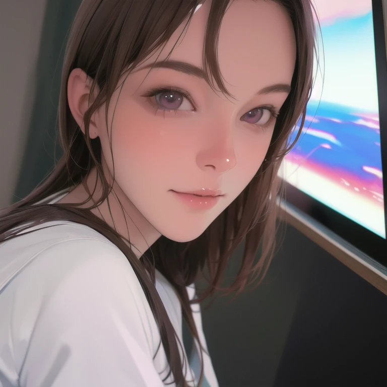 One beautiful woman、Loose white t-shirt、High waist sweat pants、giving someone a peek of cleavage in shirt、From above