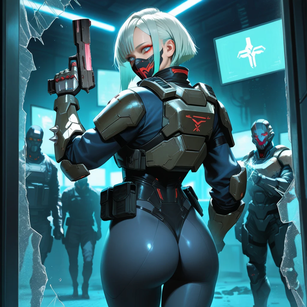 Beautiful cybernetic girl detailed muscles realistic masterpieces full figure pose (best quality,ultra-detailed), white hair in ponytail, fair skin, fit body, slim figure, narrow waist, (cocky expression), black carbon fiber cybernetic mobile combat suit