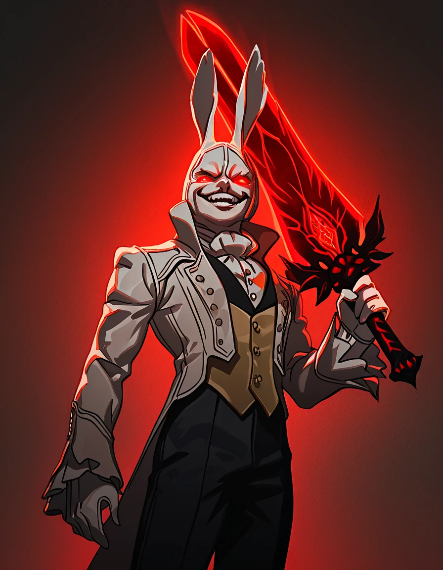 rabbitman , evil demon , bow , red eyes, ready to fish ,ears, mus ,Tulips, cles, jungle