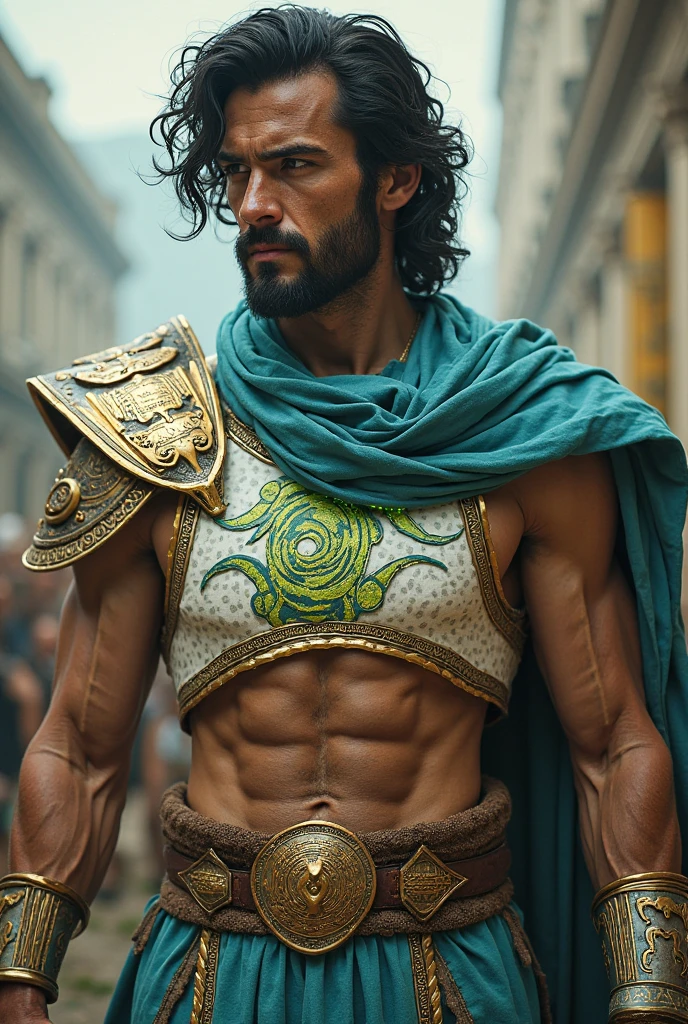 create a spartan), Greek God style, wearing Spartan armor, strong and muscular, Jamie Dornan, strong and muscular, (Moreno with model face), wearing dark beard, dark short hair, man similar to actor jamie dornan, (high quality and realistic image), sparta city background, cinematic style, ((Best quality, 8k, Masterpiece).