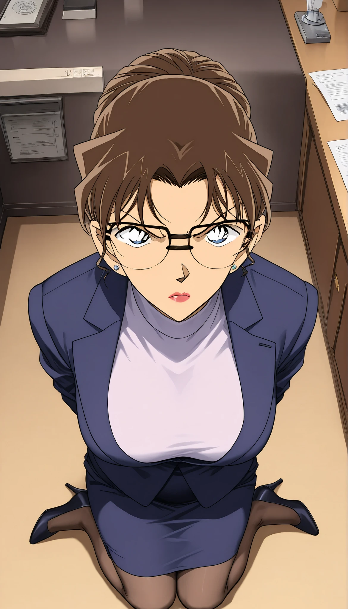 score_9, score_8_up, score_7_up,meitantei conan style,BREAK,1girl,solo,mature female,milf,lawyer,kisaki eri, glasses, hair bun, single hair bun, brown hair, earrings, jewelry, lipstick, breasts, large breasts, medium breasts,BREAK,closed clothes,(suit, tight Skirt),(black panties,thong, black garter belt,black garter hose:0.7),high heels,BREAK,angry,contemptuous,disdain,glare,kneeling,BREAK,indoor, reception room,upper body,front view,above view,POV,looking viewer