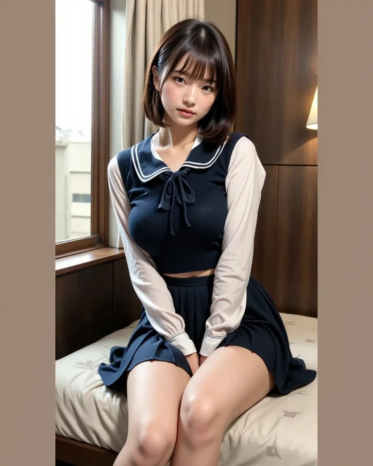 masterpiece, best quality, illustration, Super detailed, fine details, High resolution, 8K,wall paper, perfect dynamic composition,(Details High quality, realistic depiction of eyes:1.3), Black Sailor Uniform, serafuku, Navy pleated skirt, huge breasts, short bob hair, black hair color, Big Natural Color Lip, bold sexy pose, crying a little、 Harajuku style、20 year old girl、cute type、ta、beautiful legs, hotel room, full body photo、focus on crotch, hposing Gravure Idol