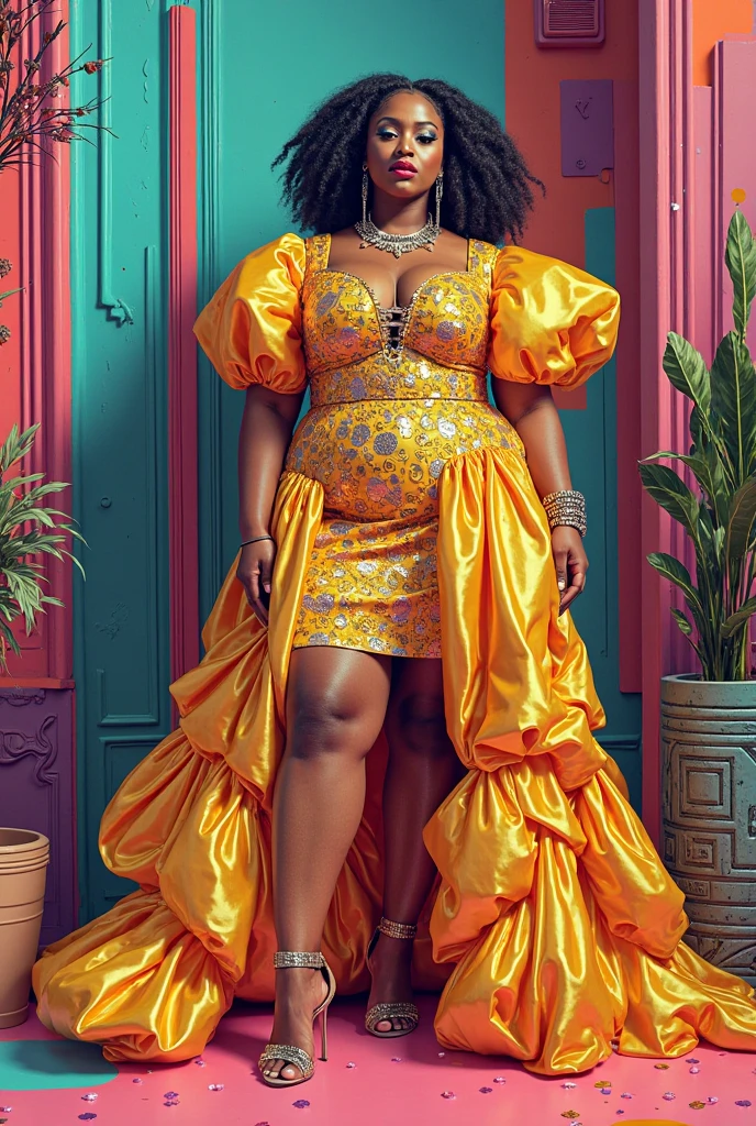 ((Objective:)): To create a masterpiece of ((Noni Zondi (with a nod to CherokeeD'ass and Megan Thee Stallion))), a photography project that captures the essence of a superior physical goddess with a bottom-heavy physique. The superior body part, her voluptuous lower body and hips, will be highlighted with a feminine figure, adorned with lots of translucent violet and yellow inflatable parts and puffy sleeves collar, showcasing the mujercore and acidwave style with dark synths. The woman, with a dark melanin complexion, will be illuminated from the back, revealing an impossibly