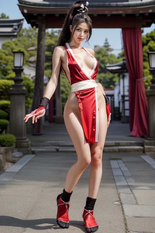 (mai shiranui:1.6), (tabi:2.0), (toe:1.2), (Full body portrait:2.0), Full body, (Realism), (masutepiece:2.0), (Best Quality), (ultra-detailliert), (8K, 4K, Convoluted), (Flat Lighting:1.2), (skinny), Prestige, Brown eyes, Long hair, brown eyes, long hair, brown hair, white ribbon, sleeveless, ponytail, sash, pelvic curtain, arm guards, gloves, tabi, fascinated expression, Sexy eyes, slim, medium breasts, Smile, Cute, view the viewer, Long hair, Close to Japan temple, (breasts focus:1.2), (Realistic:1.2), (Full Shot: 1.2), (85 mm), light Particle, Lighting, (Highly detailed:1.2), (Detailed face:1.2), (gradients), SFV, Colorful, (Detailed eyes:1.2), (Detailed temples of Japan: 1.2),(Detailed background), (Dynamic Angle:1.2), (Dynamic Pose:1.2), (Line of action:1.2), Wide Shot, Daylight, Solo.