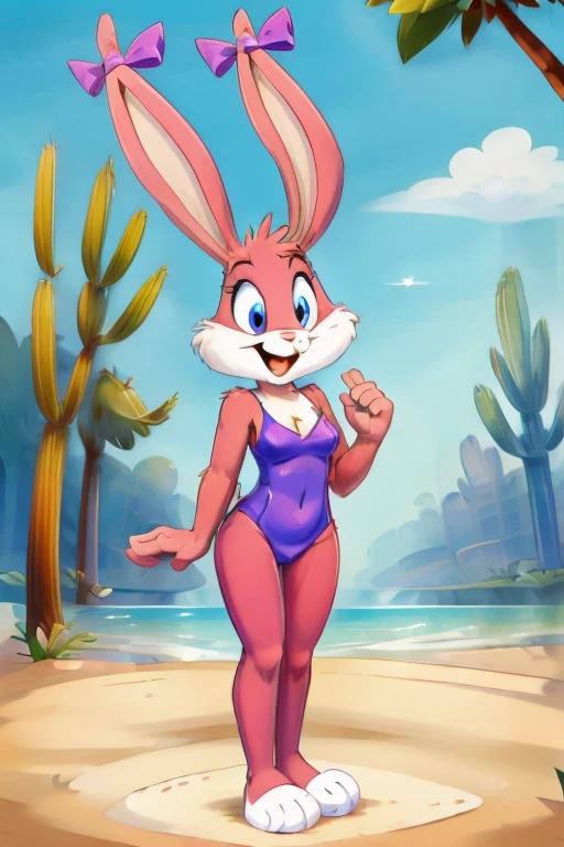 Babs, bunny, girl, standing, blue eyes, rabbit teeth, pink nose, pink body, pink head, pink ears, pink legs, white cheeks, white feet, erect ears, purple bikini, purple bows on the ears, sitting on beach towel, showing bottom of feet, mouth open, looking at viewer, young, , dwarf, legs without knee, beach background
masterpiece, detailed, detailed background, 8k, 4k, detailed shaders