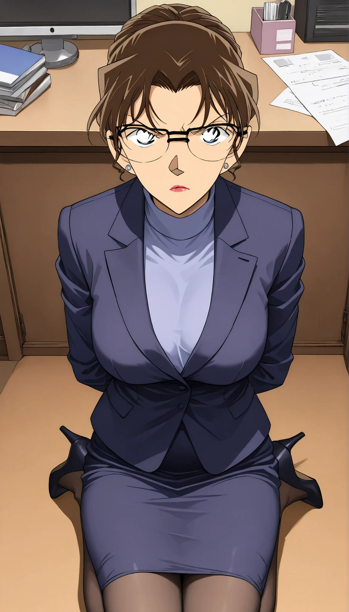 score_9, score_8_up, score_7_up,meitantei conan style,BREAK,1girl,solo,mature female,milf,lawyer,kisaki eri, glasses, hair bun, single hair bun, brown hair, earrings, jewelry, lipstick, breasts, large breasts, medium breasts,BREAK,closed clothes,(suit, tight Skirt),(black panties,thong, black garter belt,black garter hose:0.7),high heels,BREAK,angry,contemptuous,disdain,glare,(seiza),BREAK,indoor, reception room,upper body,front view,above view,POV,looking viewer