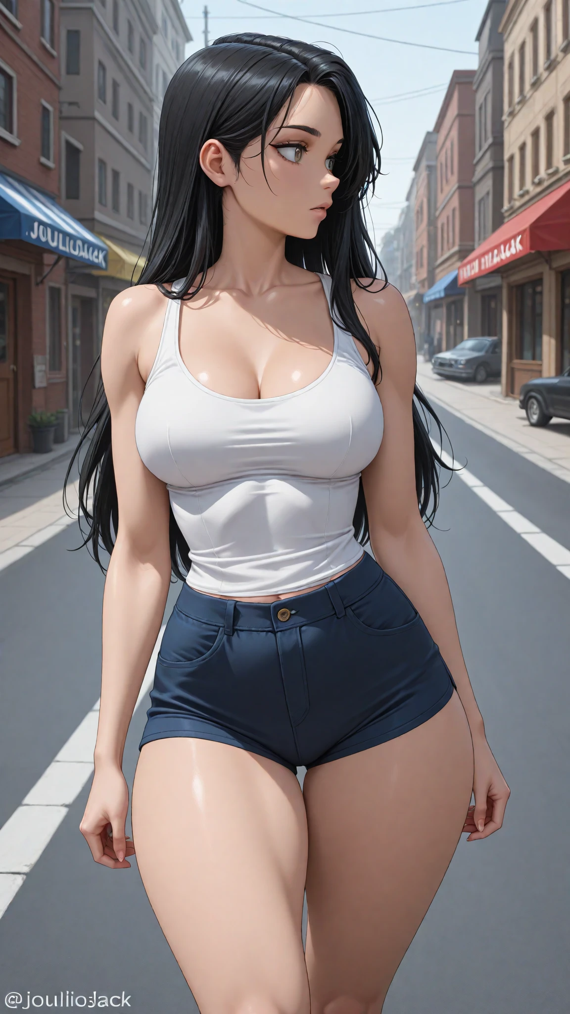 best quality, high detail, (detailed face), detailed eyes,((best quality, masterpiece)), ((goth girl)), white t-shirt, short sleeves, navel, stomach, jeans, crop top, large breasts, (arms at side:1.2), groin, hip bones, ponytail, blunt bangs, black hair, underboob, straight-on, standing, outdoors, looking at viewer, full body shot