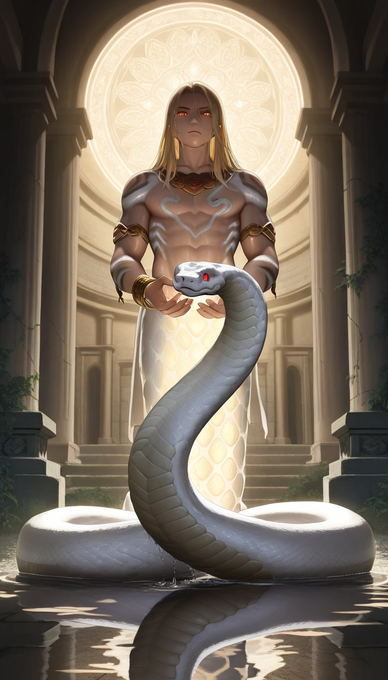 (photorealistic, masterpiece, best quality, 4k), A scene depicting ((a male version of Medusa, snakes for hair with a handsome face and glowing eyes)) amongst a garden of male statues, the statues have expressions of fear and shock, mythological greek setting and architecture, ancient Greece, fantastical aura. Created using: high-resolution digital camera, realistic textures, dynamic outdoor lighting, vibrant colors, sharp focus, intricate details, atmospheric effects, depth of field to emphasize the subjects