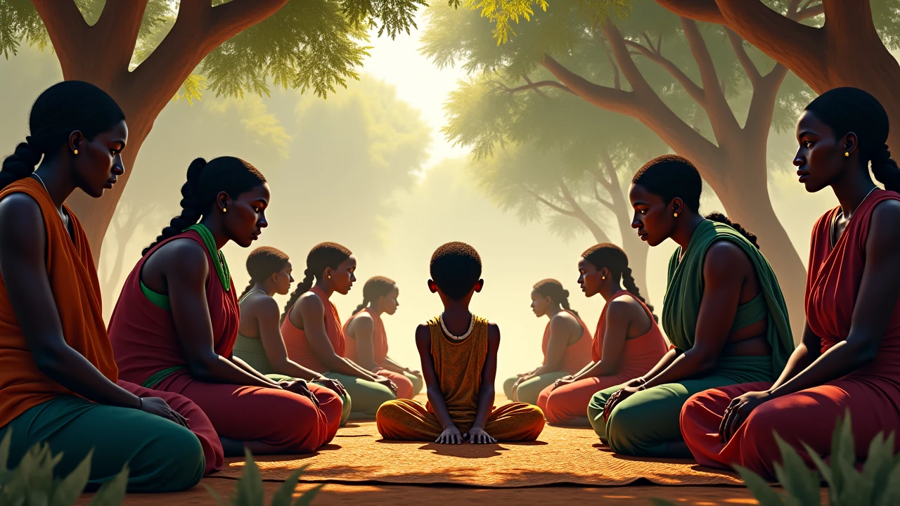 Pale white skinned North Indian slave woman with dark skinned daughter, and dark skinned south indian slave woman with pale white skinned son, gupta era, both have a similar build, both are sitting in lotus pose beside a lake, threaten eachother with divorce while their children are in the distance kissing in the lake