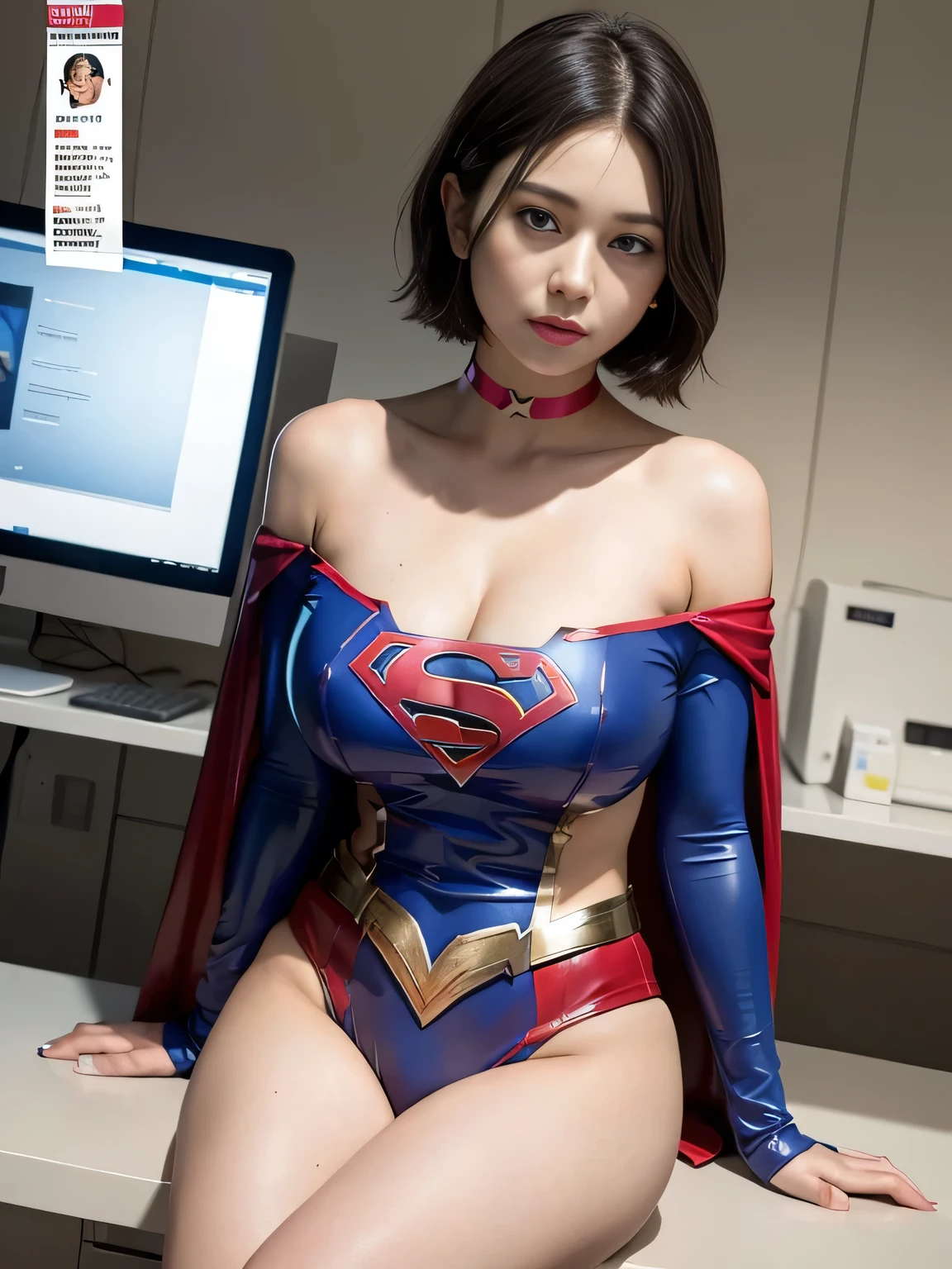 masterpiece,Supergirl Costume, short-hair, bare-legged, large full breasts,surgery room、Operating table、straddle、depraved、shiny、Looking at the camera、Provocation、estrus