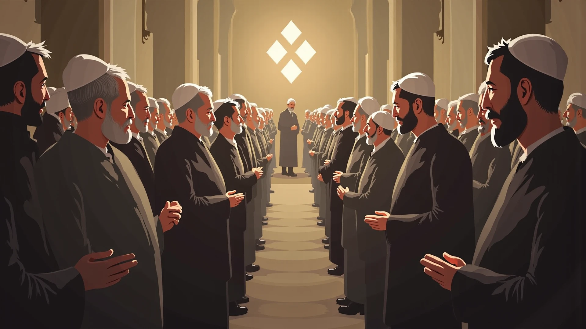 Both political and religious ideologies arguing. That each of these ideologies be distinguished by their clothing which will represent their way of thinking, which looks like a drawing made in Canva