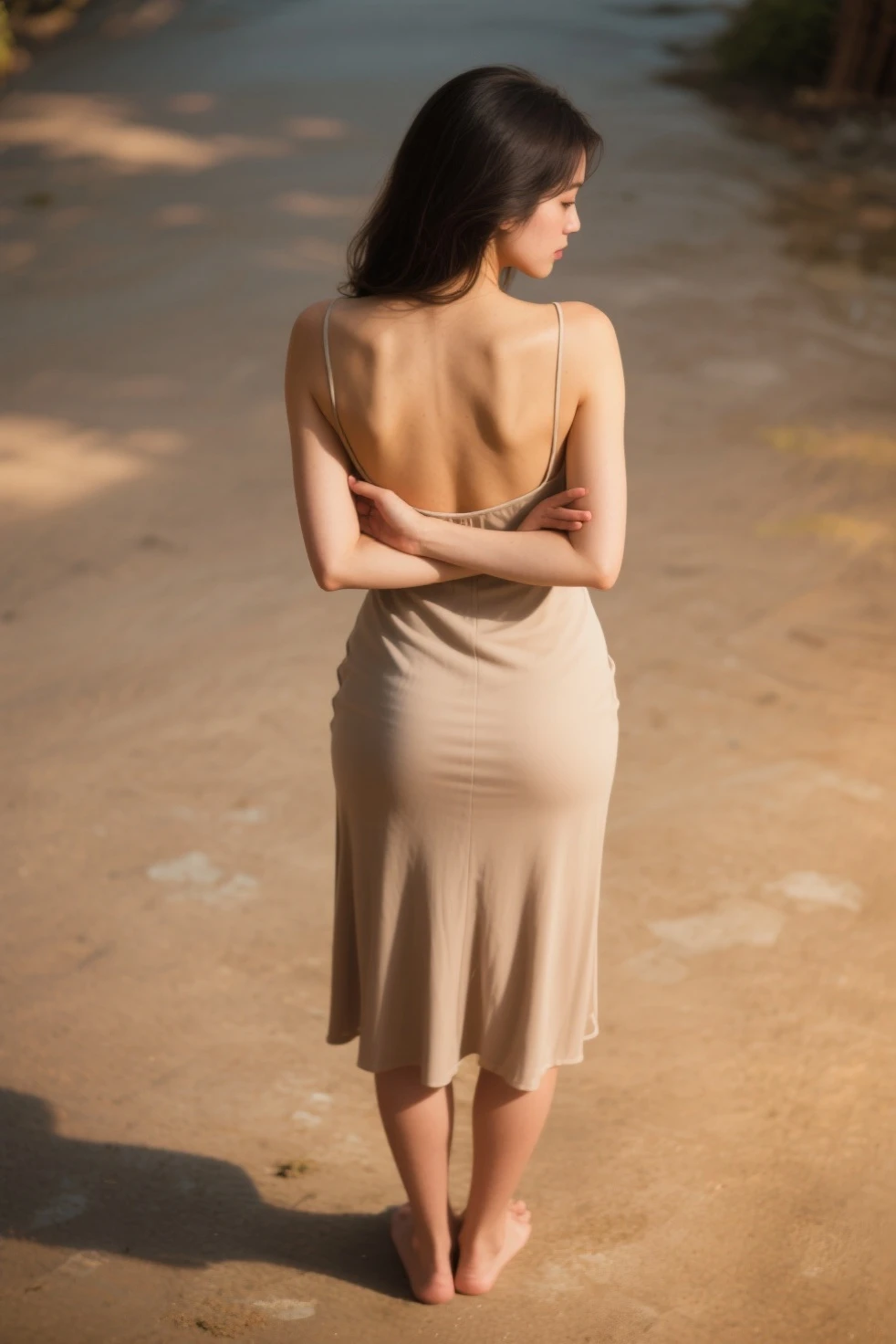 group photo of a girl and a huge pig,stood in the middle of a pig farm,short ponytail,bare shoulders,bare back,torn apron,towering hips,slender legs,realistic scenery,photography carnival,wildlife photography,aurora punk,animal and human styles,upper body,indoor,from back