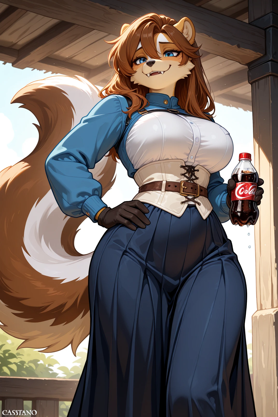 Maned wolf, female, Blouse, jeans, brunette, nipple outlines, excited, blushing, thick thighs, wide hips, small waist, tall, busty, cleavage, modest, outdoors, (anthro furry:1.3, snout:1.2, anthro:1.3, furry:1.2, female:1.2, maned wolf tail) adorable, feminine, extremely detailed, Cinematic, captivating, 