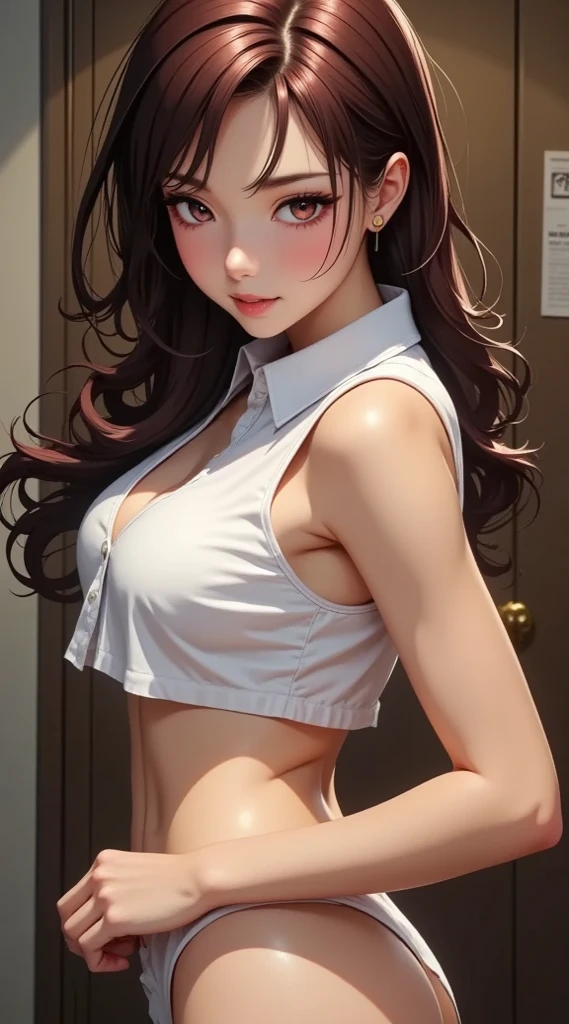 Amazing portrait of a sexy woman wearing her long straight luscious black hair, seductively gazing and smiling, soft lips, parted, blushing intensely, smiling, olive green crop top, white cargo pants, white shirt, medium chest, cleavage, perfect body