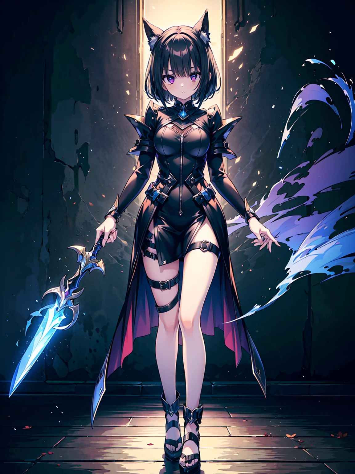 {1girl in,Shorthair, A dark-haired, blue eyess, rcasual}, {Smiling, A smile, Red face,}{Fantasia,The sword,Dark, The Darkness, bloods}, concept-art, beautiful anime scene, Beautiful anime scenery, top-quality, masterpiece