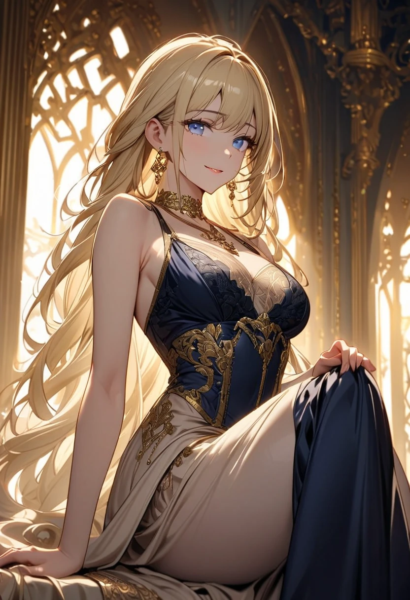 Military Dress, golden accessories, Grand Katana Sword, absurdres, RAW photo, extremely delicate and beautiful, masterpiece, Best Quality, ultra high resolution, 32k, hyperrealistic, ultra-detailed, detailed description, pale skin, 20 years old, tearful mole, earring, Colossal tits, short medium hair, wavy hair, whole body shot,