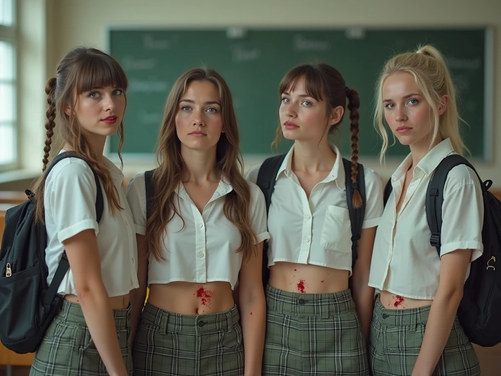 (best quality), (masterpiece:1.2), wide angle photo, full body photo, group photo, 5 women schoolwomen, 56 years old, faces marked by age, guilty faces, skin imperfections, acne, chapped lips, sad wistfully, diverse ethicities: ebony, black, white, nordic, indian, diverse hair colors: redhead, blonde, afro, twin braids, heavy freckles, pale skin, makeup, earings, crowded classroom, morning, school, crowd of people, school uniforms, unbottoned blue shirts, tight shirt, alluring pose, black stockings, open jacket, sexy neckline, large neckline, 16k, photorealistic, real photo, nikon d800, (YES SFW)