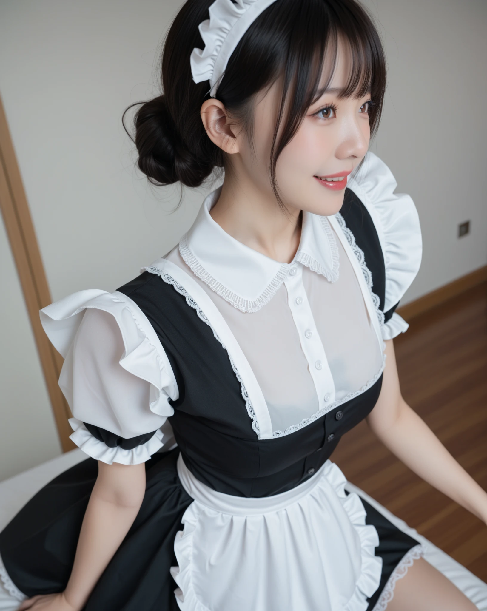 (8K、RAW Photos、Highest quality、masterpiece:1.2)、(Realistic、Realistic)、1 Girl、((Maid Costume:1.2、Thin legs、whole body、View from the front、smile、Looking into the camera、Hold your skirt with both hands and show me your black panties))、cute