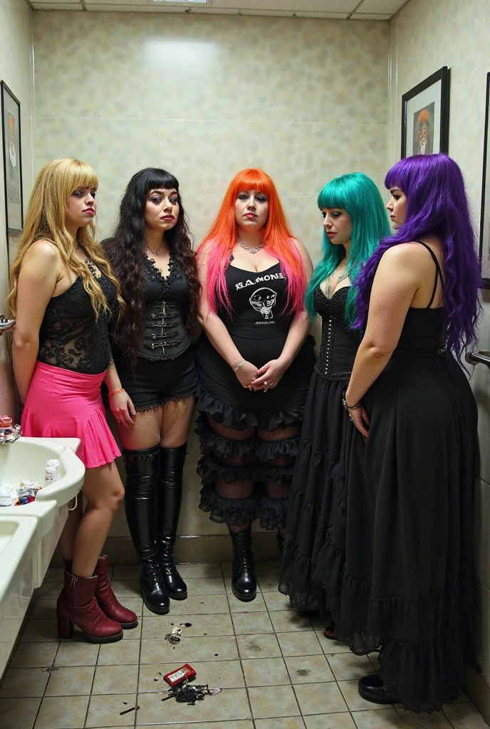 Three gorgeous women (varied height, varied weight, varied race, dressed appropriate to the scene, crazy hairdo, crazy jewelry, tend towards fit and hourglass figure) they are scared and fleeing a steamy women's locker room, being caught by tentacles which forcefully restrain their arms and legs while being absorbed by horror monster 'The Blob', damsel in distress, damsel demise. One woman is live streaming about how scared she is while holding her cell phone