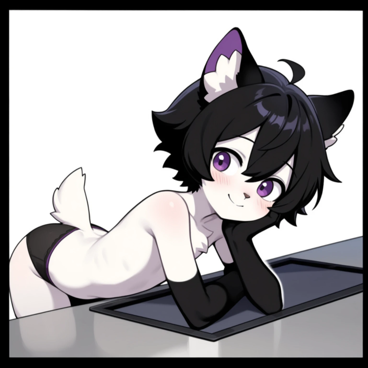 ((score_9, score_8_up, score_7_up, best quality, premium quality, master piece, extremely detailed, clear image, detailed hands, radiant colors)), solo, portrait, full body, deep shadowing, deep shading, ((squinted eyes, seductive expression, horny, looking at viewer, top teeth exposed, nighttime, starry, starry sky, ung girl, detailed eyes, bright purple eyes, pink flower in hair, surrounded by light pink flowers, many flowers, white bed sheets, white bed, pillows, cushions, moon light, large open window background, forest background, cute girl, pretty girl, slender waist, wide hips, purple eyes and dark purple hair, long silky hair, shiny hair)), 1 girl, laying down, laying fully down, laying on back, naked, porn, pussy exposed, juicy pussy, spreading pussy open, butthole exposed, tiny butthole, cute little butthole, lush breasts, soft breasts, breasts exposed, spreading pussy open, spreading legs, belly exposed, soft body, ((black collar, black fingerless elbow gloves, black thigh high boots)), ((white tiny dear tail, white fluffy dear tail, white little tail, white fluffy fox ears)),
