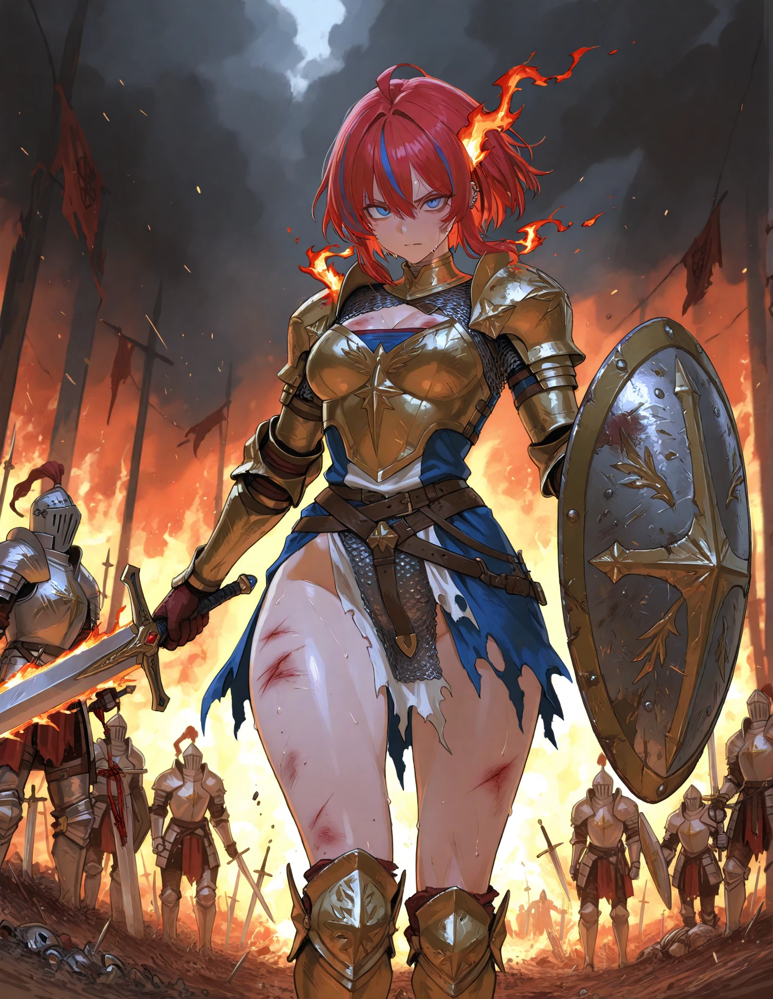 Female Knight // Upskirt // dress armor with long boots of high heels // neckline // alone // gigantic boobs // boobs size cup Q // short red hair
