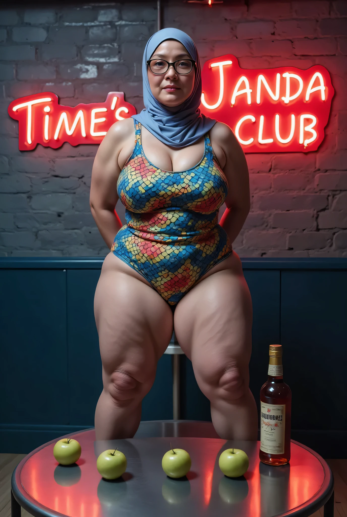 Front posing, SKINNY SUPER OLD LADY, memakai kacamata rabun, (Thighs and calves huge muscles), (((MOODY CRYING FACE EXPRESSION))), "Wearing Hijab perfectly", wearing Scoop Neck Sleeveless Nude Red Bodysuits singlet swimsuit 'Fish scales print', (KEDUA BELAH TANGAN DILETAK LETAKKAN DIBELAKANG PUNGGUNG) PLEASE DON'T PUT ANYTHING ROPE!!!, THIGHS OPEN WIDE
THIN SKINNY HIJAB INDO MALAY Jumbo (Singlet ), 1 girl, 'MOODY FACE EXPRESSION', Half body portrait, (face details: 1), (Eye details: 1), ((Big breasts)). ultra high res. realistic: 1.4, UHD, (((dark background))), Background worn old brick wall, round Signboard 'Time's Janda Club's neon light at wall, Sitting on a round table stainless steel A two Bottle of Whiskey 'Jack Daniels and two green apple' Above it
