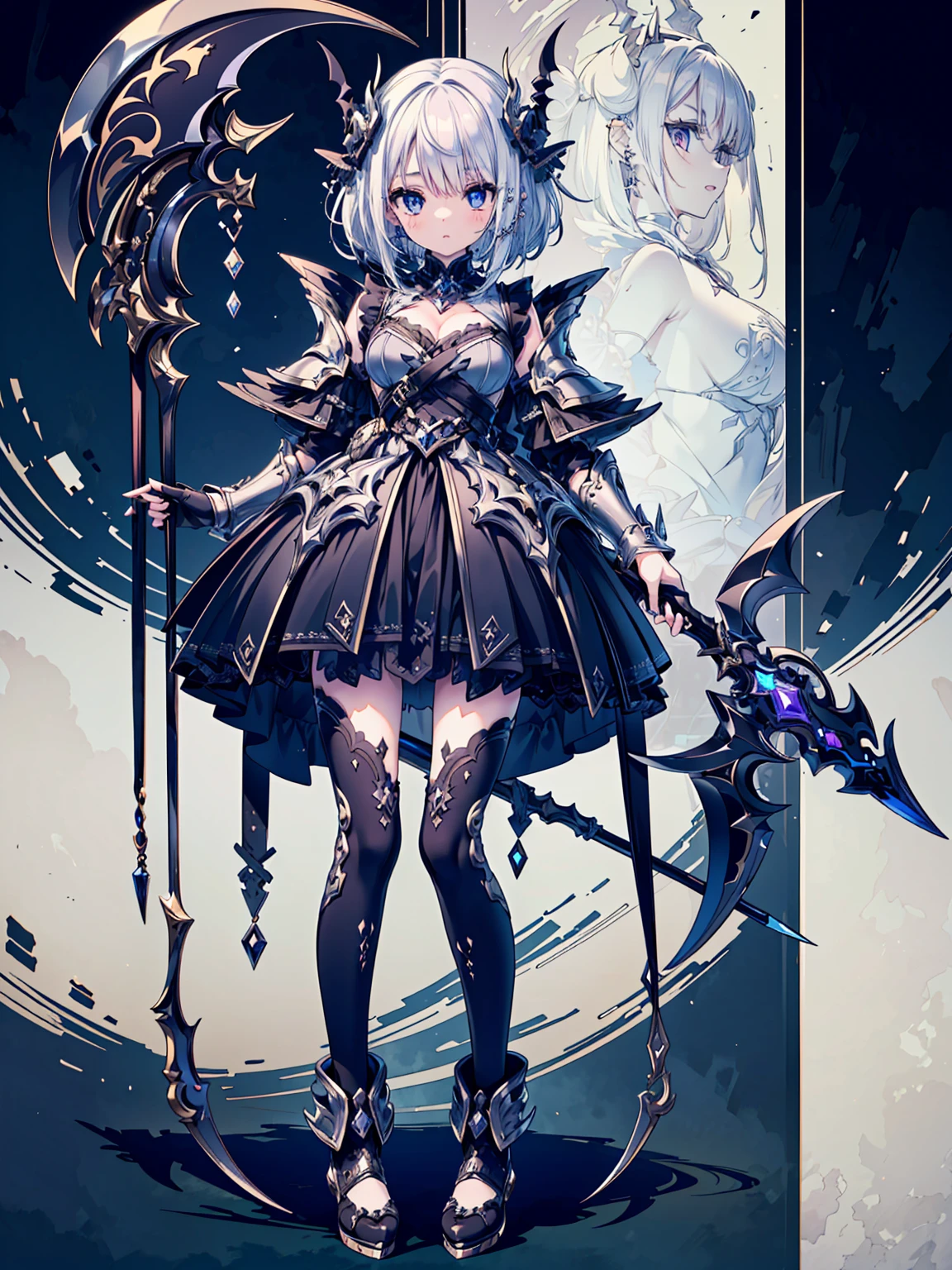 ultra-detailed,(best quality),((masterpiece)),(highres),original,extremely detailed 8K wallpaper,(an extremely delicate and beautiful),((detailed face)),beautiful detail eyes,
\\
1girl,horns,solo,demon wings,wings,tail,demon horns,grey hair,blue eyes,demon tail,black wings,twintails,white background,thighhighs,boots,simple background,frilled skirt,holding,weapon,full body,polearm,frills,smile,open mouth,navel,skirt,demon girl,looking at viewer,midriff,breasts,short hair,white thighhighs,garter straps,:d,black footwear,blush,tail ornament,holding weapon,hairband,detached sleeves,cross-laced footwear,bare shoulders,standing,tail ring,bangs,bridal\\