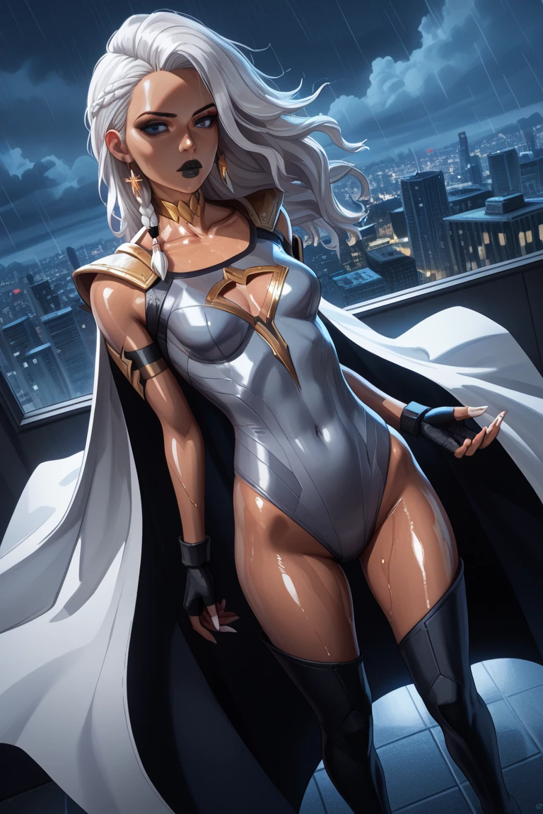 1 garota, Sozinho, detalhado, Obra de arte,HDR, detalhado sharp, melhor qualidade, Comic style, arte linear, dynamic pose,(dynamic weather, dynamic colors), corpo todo, Bunda, ao ar livre,cidade, olhando para o espectador, seios grandes, Bracelete, collant, bikini armor, cabelo branco, clamp,dark skinned female, diadema,inventar,Cabelo muito comprido, Glory_DG,