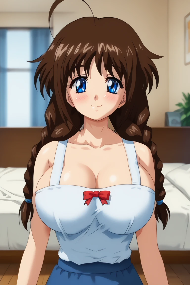 best quality, ultra-detailed, high resolution, (beautiful detailed eyes:1.2), anime screencap, dark brown hair, long hair, bangs, blue eyes, (1990s \(style\), retro artstyle, 1990s anime cels style, indoors, 1girl, pale skin, lace white bra, lace white gloves, lace white thigh highs, white garter belt, (cleavage:1.2), bare shoulder, (half closed eyes:1.2), (nose blush), smile, closed mouth, sweat, sitting