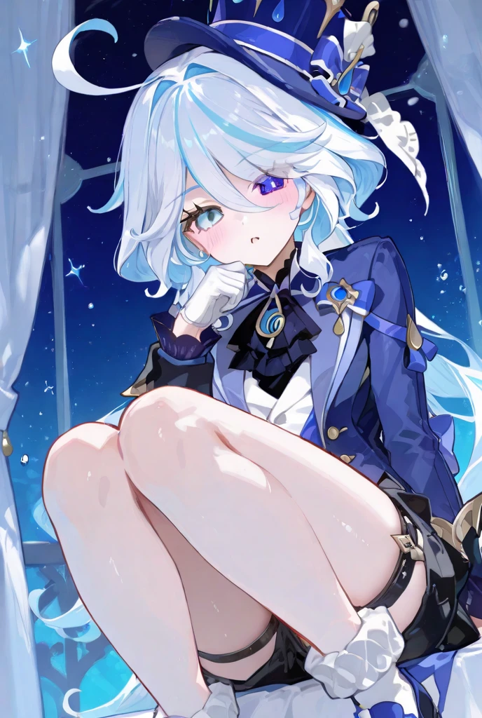 16k,The beautiful, On a table, Best quality, The facial details are particularly rich, perfect litthing,1 girl in、tightsuit, skin tight, latex,Black Jumpsuit,Black Jumpsuit, shinning clothes, Shiny, Cover the navel, Steaming,tmasterpiece, Best quality at best, 1 Sister, Forina, genshin impact, White hair, Blue hair, Black latex clothing, abandoned city lock,hair covering one eye,((Gradient hair)), A thin body,Wearing long white gloves:1.a purple eye:1 white hair, Blue hair:1.3, Ultra-detailed eyes,ssmile, drunk, drunk, Torre, Looking haggard and pale, Happy, twinkle, light blush