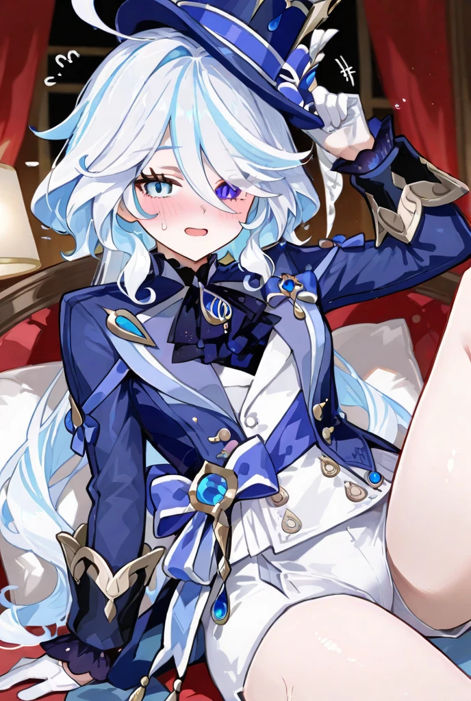 masterpiece,best quality,1girl, furina \(genshin impact\), genshin impact, cowlick, top hat, blue jacket, blue ascot, blue brooch, kodona, blue headwear, streaked hair, solo, long hair, light blue hair, white hair, ahoge, mismatched gloves, white gloves, long sleeves, hair between eyes, blue gemstone, , sitting on a bed, squeezing her own , confused facial expression, fully clothed
