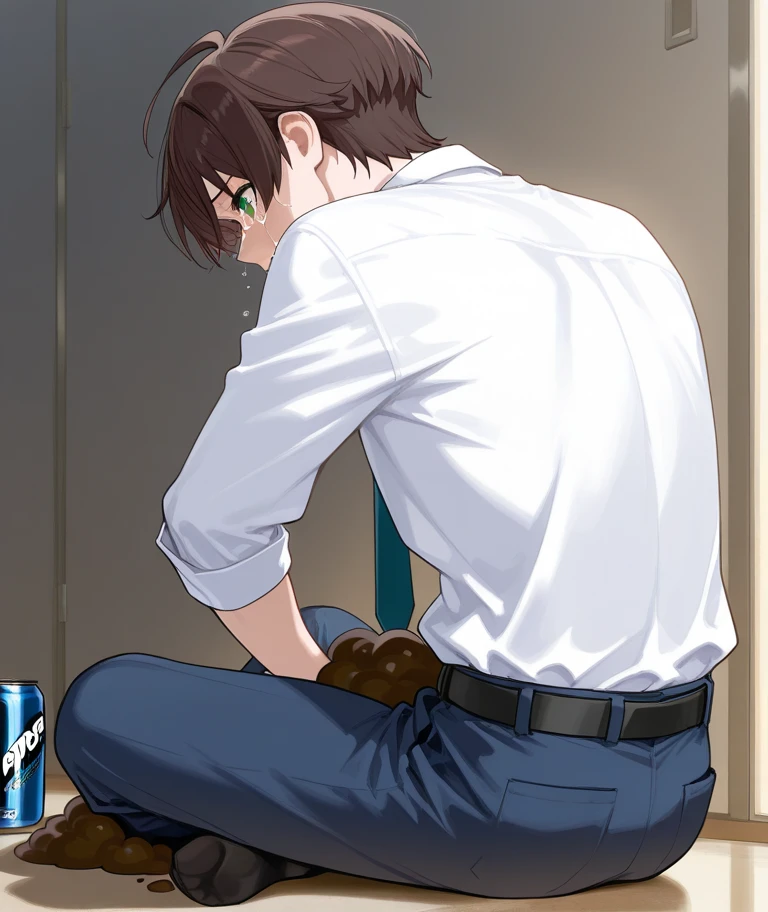 (Supreme Work), ((Are male)),short hair, Dark brown hair, green eyes, white shirt,navy blue necktie,slacks,Poop pants,my pants are full of poop,,The poop is overflowing,Poop is soaking into my pants,crying,is holding down my stomach,((sitting on the floor,))view from back,back to viewers,I can see pants full of poop